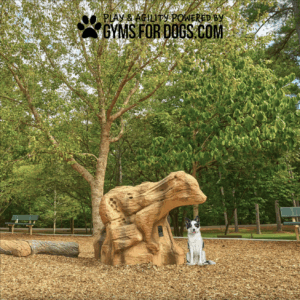 A white dog with black markings sits by a sculpted rock in a park with green trees, benches, and logs. Text at the top reads: "Bambi - Interactive Play Series powered by GymsForDogs.com.